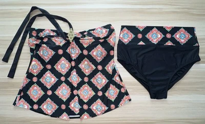 Tara Grinna Halter Tankini Traje de Baño Conjunto Sujetador Top 38 Parte Inferior 12 Negro Medallón Foto 1 de 4