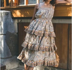 Cleobella Rosalie Midi Sun Dress Tiered Layered Ruffle Brown Paisley Medium - Picture 1 of 13