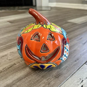 Talavera Pumpkin Jack O Lantern Mexican Folk Art Pottery Tea Light Halloween - Picture 1 of 6