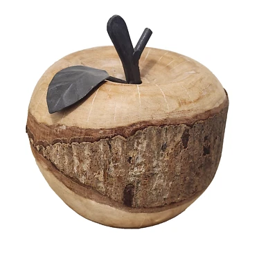 Madera tallada manzana de madera con tallo de metal y hoja fruta decoración borde vivo corteza 4,5" Foto 1 de 4