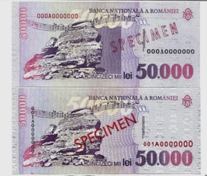 ROMANIA 50000 LEI P-109 1996 & 2000 UNC SPECIMEN 2 Pcs Romanian RARE BANK NOTE - Picture 1 of 4