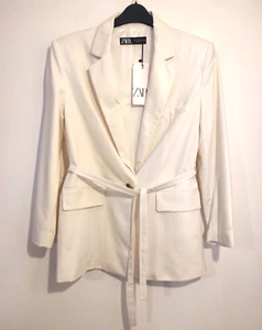 Zara Oyster White Linen Blend Blazer Jacket Belted Size XS Approx Fit Size 8 10 - Picture 1 of 8