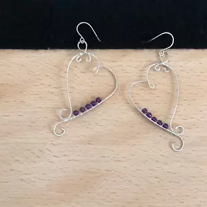 Amethyst & Silver Wire Wrapped Heart Earrings ❤️ Artisan Anniversary Love SS USA - Picture 1 of 5
