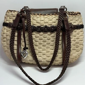 Brighton Beige Woven Shoulder Bag With Heart Pendant Leather Trim Floral Accent - Picture 1 of 10