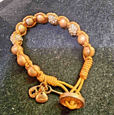 Pulsera firmada fósil placa de oro rosa/tono dorado piedra transparente llavero encanto 7,5"- LEER Foto 1 de 4