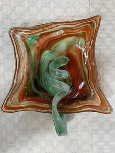 Vintage Abstrakt Schwer Freiform Spule Kunst Glas 10”x 2,5” Braun Grün Blasen - Bild 1 von 6