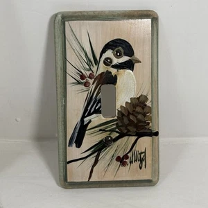 Vintage Hand Painted Chickadee Single Switch Plate Wood Artist Signed Toggle - Picture 1 of 6