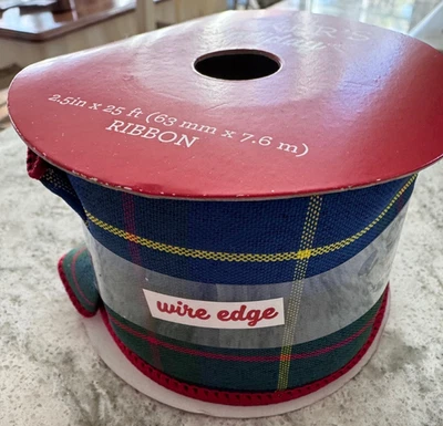 Christmas PLAID Ribbon MAKER'S HOLIDAY blue green yellow retro look vintage 2.5" - Image 1 of 4