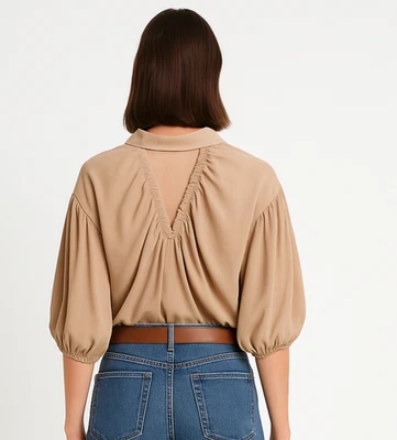 Blusa para mujer pequeña beige rayón semilla mostaza de gran tamaño drapeada espalda poeta manga Foto 1 de 4