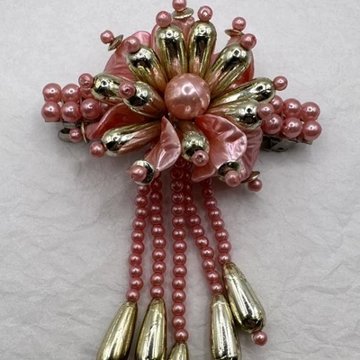 Vtg 80s Hair Clip Beaded Faux Pearl Dangle Pink & Gold Flower Barrette Wedding - Image 1 of 4