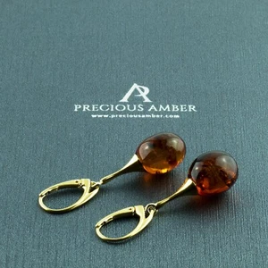 Large Baltic Amber Gold Olive Long Teardrop Gemstone Earrings Women Lever Back - Picture 1 of 5