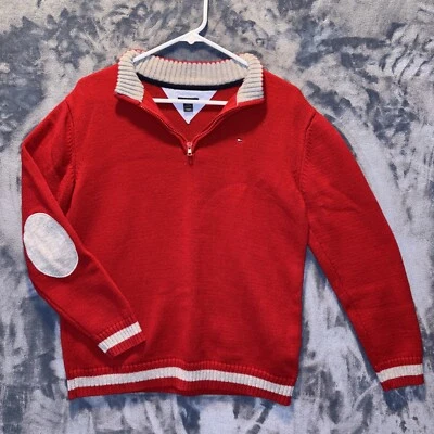 Tommy Hilfiger Boys Youth L (16-18) Red 1/4 Zip Sweater With Elbow Patches C40 - Image 1 of 4