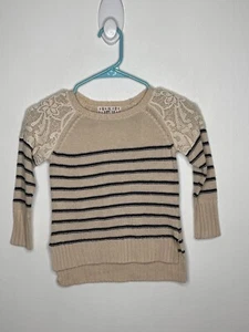 Pink Republic Striped Raglan Sweater Girls Size Medium 5 Beige Long Sleeve Lace - Picture 1 of 4