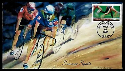 USA, SCOTT # 3397, HANDPAINTED HERITAGE FDC COVER OF 2000 SUMMER SPORTS CYCLISTS - Image 1 of 2
