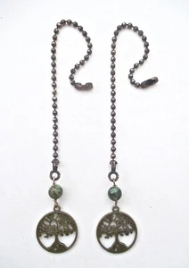 BRONZE TREE OF LIFE ROUNDS, CHRYSOPRASE & ANTIQUED BRASS FAN/LIGHT PULL PAIR - Picture 1 of 5
