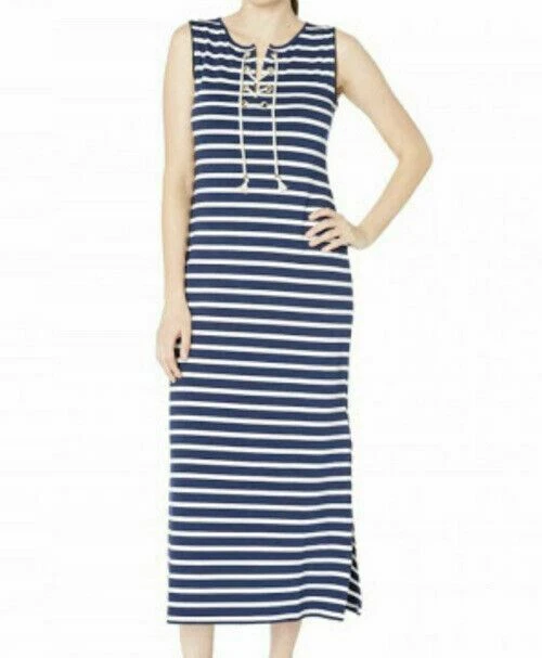 Tribal Pique Ink/white Stripe Knit Sleeveless Lace-up Maxi Dress Size S