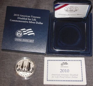 2010 W American Veterans Disabled For Life Commemorative Silver Dollar Proof OGP - Picture 1 of 3