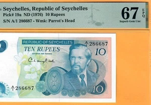 SEYCHELLES-10 RUPEES-MANCHAM-1976-A/1-P.19a-#286687 **PMG 67 EPQ SUPERB GEM UNC* - Picture 1 of 3