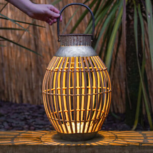 40cm Solar Power Outdoor Natural Bamboo LED Light Up Hanging Lantern | Garden