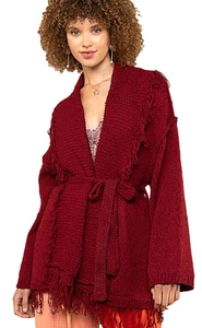 Nuevo POL Mujer Talla M Borgoña Suéter Cinturón Flecos Cárdigan Acogedor Mantón Cuello - Imagen 1 de 12