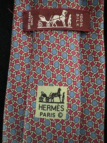 HERMÈS Cravatta Hermes rossa blu vintage catena legata ruota equitazione seta francese