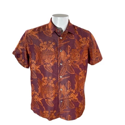 Camisa Hawaiana Van Heusen Grande Floral Naranja Marrón-Rojo Con Hilos Elevados - Imagen 1 de 4