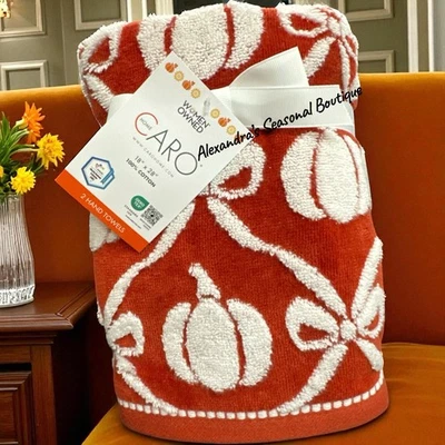 Fall Harvest Thanksgiving Set Of 2 Hand Towels Pumpkins Bows Halloween New - Image 1 of 4