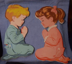 Vintage 1950's Praying Girl & Boy Pressed Cardboard Wall Art Kids Nursery 12" - Picture 1 of 4