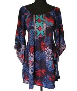 Roxy Women's Bell Sleeve Bohemian Tropical Print Tunic Mini Dress S Blue