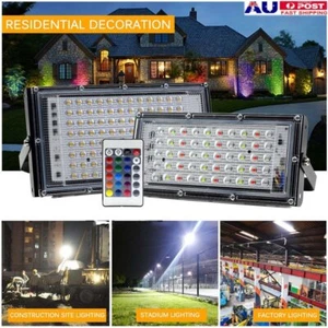 LED RGB Flood Light 50W Street Lamp Security Landscape Wall Spotlight& Remote - Picture 1 of 19