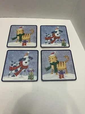 Juego de 4 posavasos vintage Global Innovations Navidad gato y perro nuevos en caja Foto 1 de 4