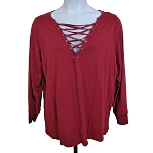 Torrid Women's Plus 2 2X Rhubarb Long Sleeve Classic Fit Lace Up Jersey Tee NWT - Picture 1 of 11
