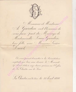 FAIRE PART DE MARIAGE 72340 CHARTRE SUR LE LOIR avril 1898 - Picture 1 of 2