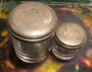 Pair Matching Antique Crystal Jars Hand Chased Silver Lids Vanity Dresser Set - Picture 1 of 8