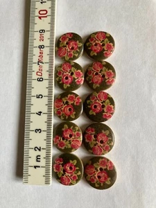 10 x 18 mm 2 Loch Holzknöpfe - hübsches Rosendesign auf dunkelolivem Hintergrund - Bild 1 von 3