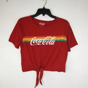 Coca-Cola Cropped Top Women Size XL Red Rainbow Tie Front Short Sleeve Pullover - Picture 1 of 5