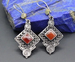 Afghan Earrings, Leaf Shape Carnelian Stones Costuming Lovely Earrings, #E09 - Picture 1 of 9