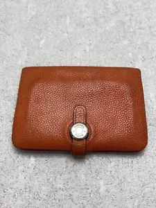 HERMES Folded Wallet Bi-fold Leather Orange Plain Mens Used - Picture 1 of 7
