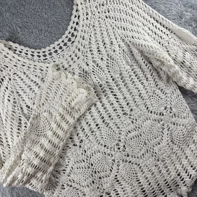 Top túnica de encaje ganchillo a mano para mujer blanco manga larga campana bordes festoneados 38 Foto 1 de 4