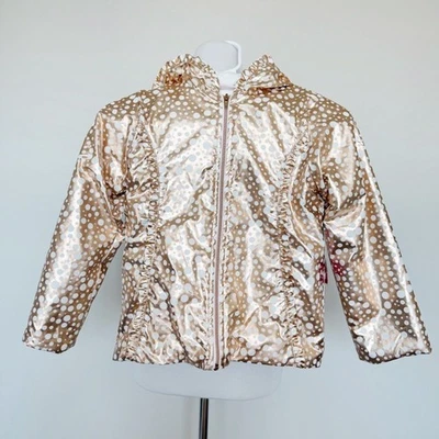 Penelope Mack Girls Coat Jacket Size 6X Gold White Polka Dots Hood Soft Interior - Image 1 of 4