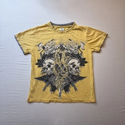Camisa Ed Hardy Niños Mediana Amarilla Calaveras Serpientes Tatuaje Gráfico Camiseta Juvenil Punk Foto 1 de 4