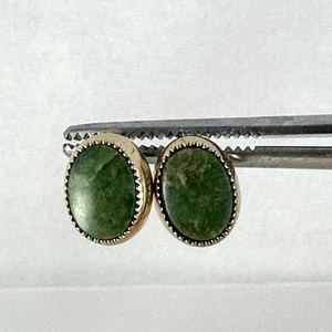 Vintage Jade 14k Yellow Gold Oval Stud Earrings Bezel Set - Picture 1 of 14