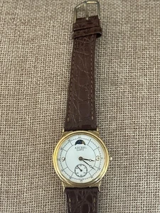 Vintage Axcess Quartz Moon Phase Watch Gold Tone Brown Leather Band White Dial - Picture 1 of 10