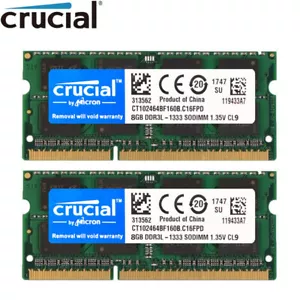 Crucial DDR3L 16GB (2x 8GB) PC3L-10600 1333 MHz Laptop RAM Sodimm Memory 1.35V - Picture 1 of 9