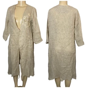 LINEN BLOOM Beige Embroidered Lounge Cape Cardigan Sustainable Pure Linen Sz XL - Picture 1 of 9