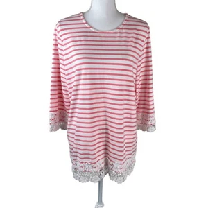 Denim & Co Large Pink & White Striped 3/4 Sleeve Knit Top w/Lace Trim - Picture 1 of 8