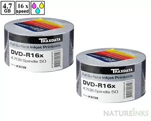 100 Traxdata Full INKJET Printable Blank DVD-R 16x DVD Discs 4.7GB 120 RITEK - Picture 1 of 3