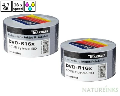 100 Traxdata Full INKJET Printable Blank DVD-R 16x DVD Discs 4.7GB 120 RITEK - Image 1 of 3