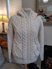 Arran Cable Hand Knitted Cream Cardigan With Hood Very Warm Ex Cond Size 12