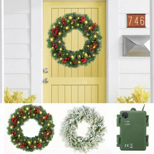 24in Prelit Christmas Wreath With Lights Front Door Flocked Holiday Decoration - Picture 1 of 17